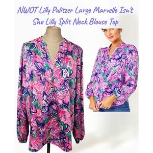 NWOT Lilly Pulitzer L Marvelle Isn't She Lilly Split Neck Blouse Top Purple Pink